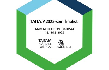 Taitaja2022-semifinalistien puhekuplatunnus, jossa lukee "Ammattitaidon SM-kisat 16.-19.5.2022." Tunnuksessa Taitaja-organisaation logo ja Sills Finland -logo
