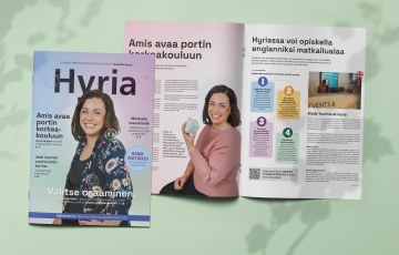 Kuva lehden kannesta ja sisäaukeamasta joissa molemmissa AMK-koordinaattori Anna Skytten. 