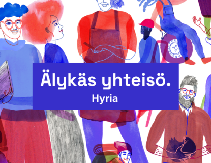 Vesivärityyliin piirretty kuva erilaisissa työvaatteissa olevista ihmisistä joiden päällä teksti Älykäs yhteisö - Hyria.