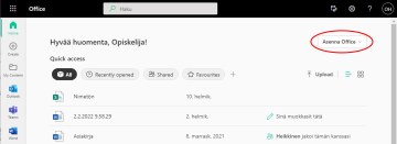 Office 365:n etusivulla, oikealta ylhäältä, löytyy Asenna Office -alasvetovalikko.  Napsauta valikko auki.