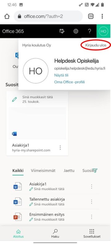 8. Kun olet valmis, kirjaudu ulos! Napauta oikealla ylhäällä, omia nimikirjaimia. Valitse avautuvasta valikosta Kirjautumaan ulos.