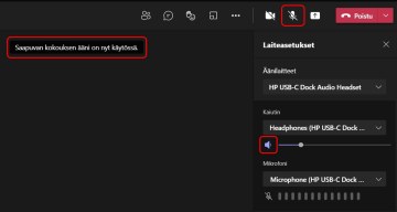 Yläpalkkiin ilmestyy mikrofonin ikoni (joka todennäköisesti on yliviivattu ja vasemmalla on ilmoitus: Saapuvan kokouksen ääni on nyt käytössä.