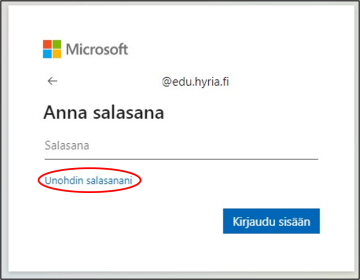 Kirjautumisikkuna, jossa ympyröity teksti salasanakohdan alapuolella