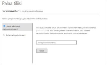 Näkymä tilin palauttamiseen liittyen, kohta anna puhelinnumerosi alempana oikealla.