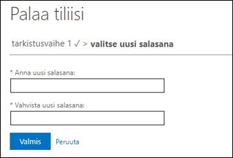 Tilin palauttaminen, anna ja vahvista uusi salasana -kentätä keskellä.
