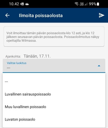 Ilmoitus poissaolosta -näkymä mobiilissa