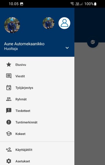 Wilman mobiilisovelluksen valikko josta vasemmalta voi avata mm Viestit-osion