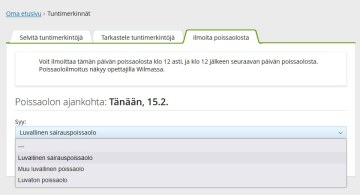 Näkymä jossa voi ilmoittaa poissaolon