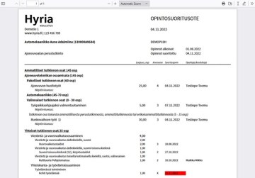Näkymä opintosuoritusotteesta